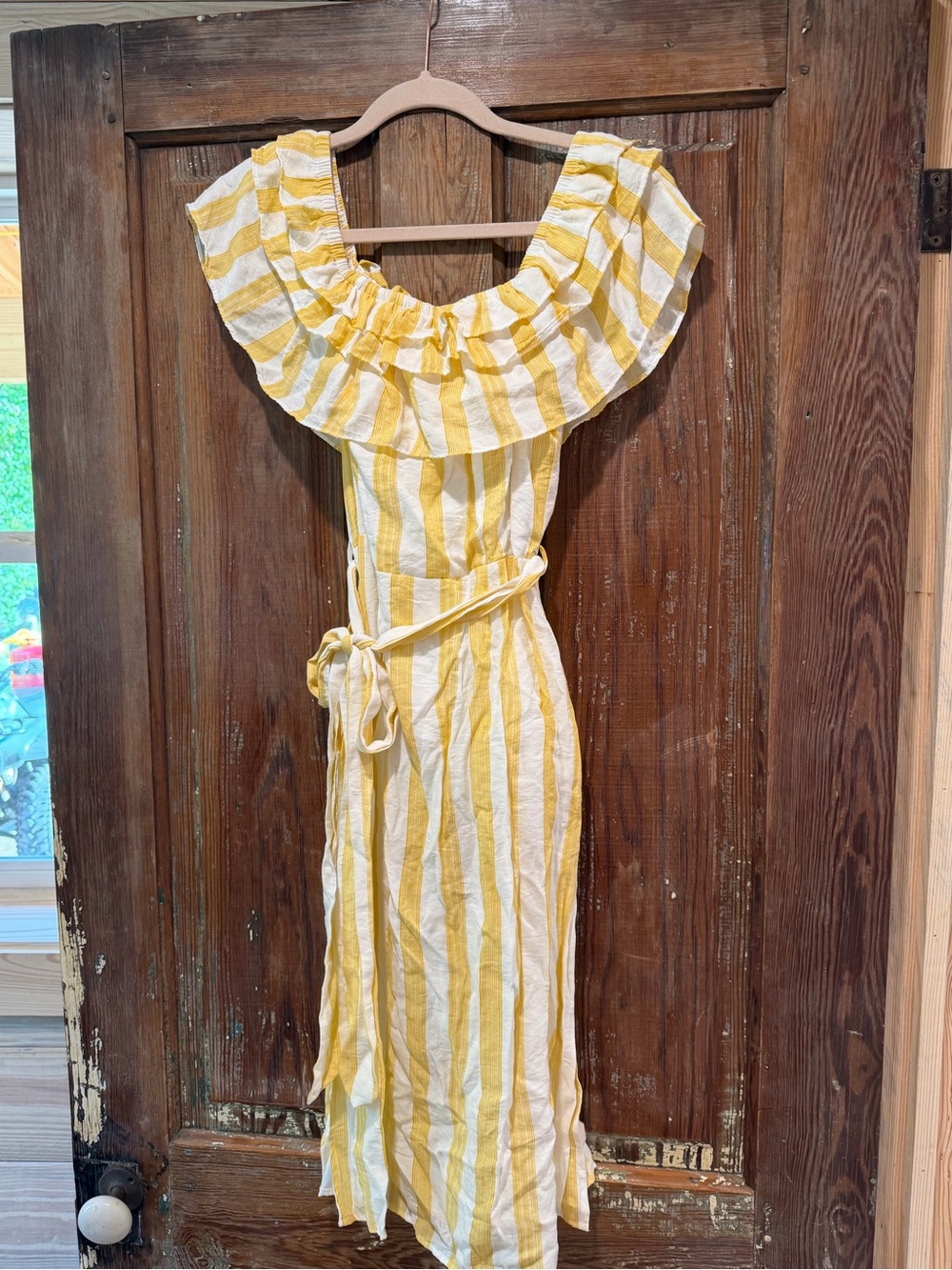 essue Yellow and White Striped Ruffle Dress